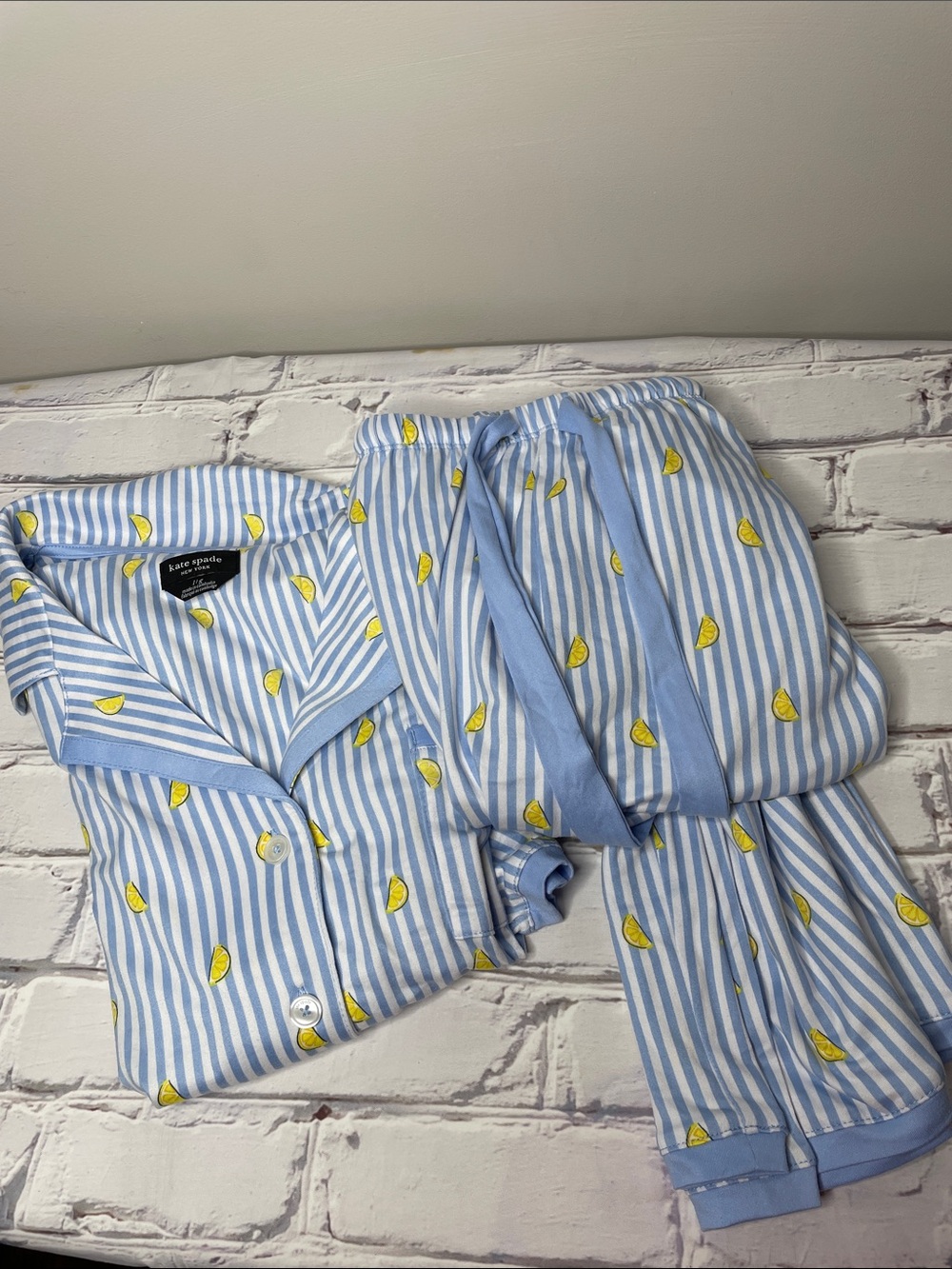 Kate Spade Blue and White Striped Lemon Two Piece Summer Pajama Set - Picture 2 of 5
